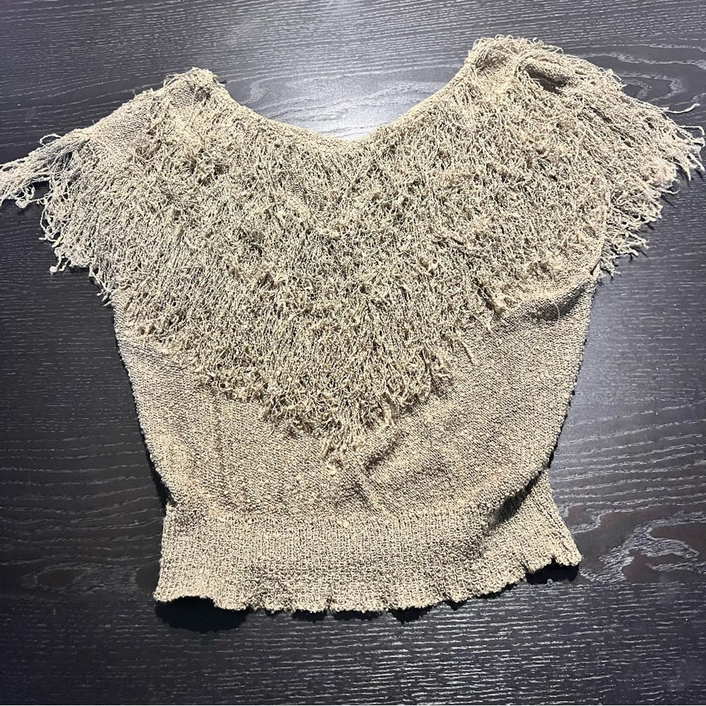 Textured Fringe V-Neck Sweater Top in Taupe